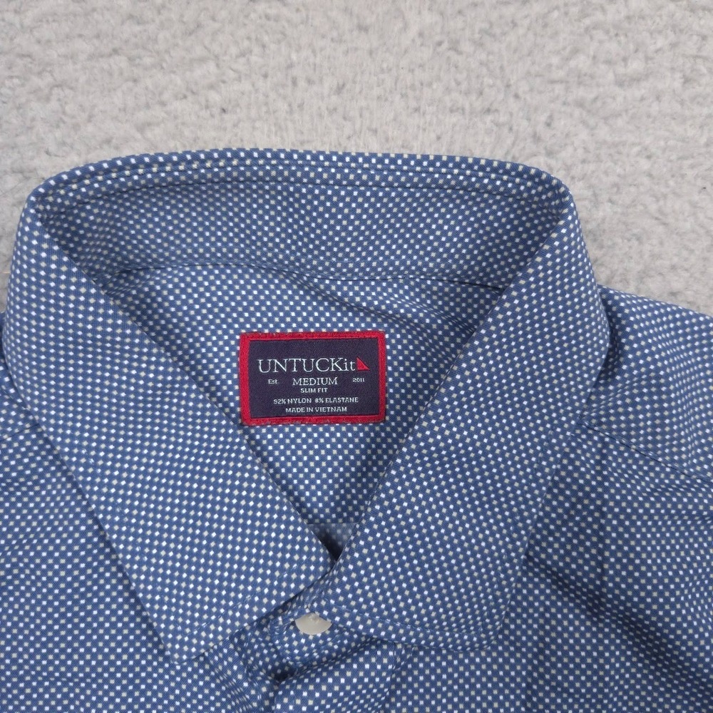 UNTUCKit Benham Men's Medium Slim Fit Blue Micro Dot Stretch Short Sleeve Shirt - Picture 3 of 12